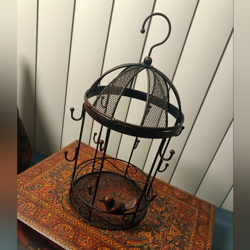Vintage Style Brown Cast Iron Metal Birdcage Jewelry Stand Organizer Decor